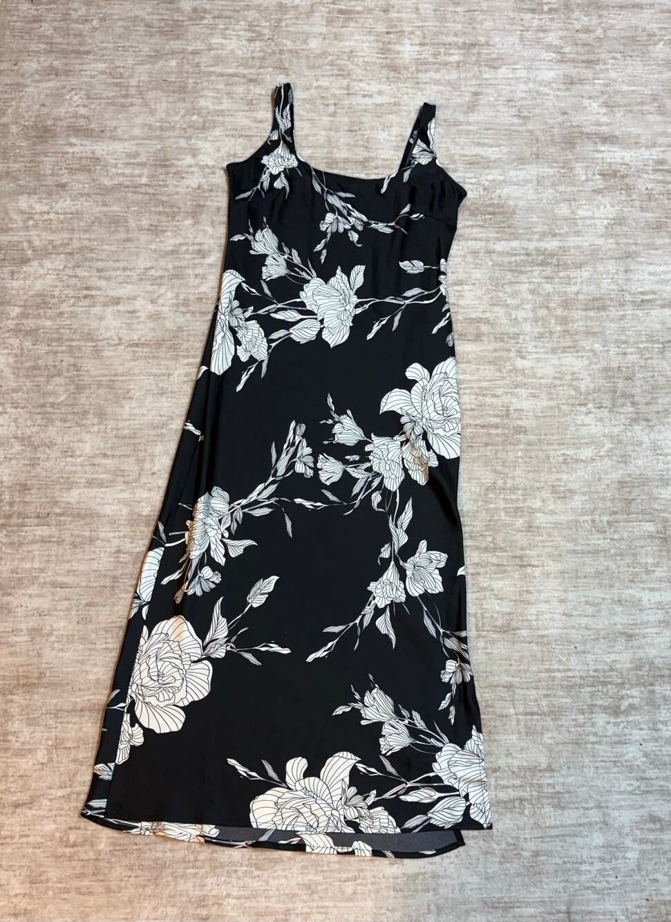 A New Day Womens Small Black White Floral Slip Dress Satin Flower Wedding Guest